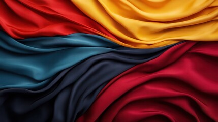 This image showcases a colorful arrangement of vibrant fabrics in flowing waves with red, yellow, and blue hues, creating a dynamic and appealing visual experience.