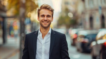 Fototapeta premium portrait of a handsome smiling white young businessman boss in a black suit walking on a city street to his company office. blurry street background, confident