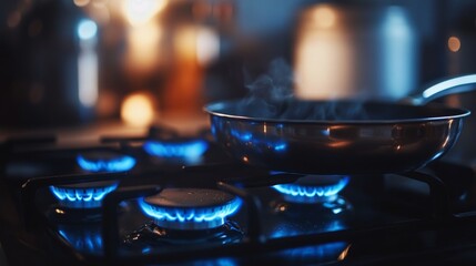 Close-up of a Pan on a Stovetop with Blue Flames