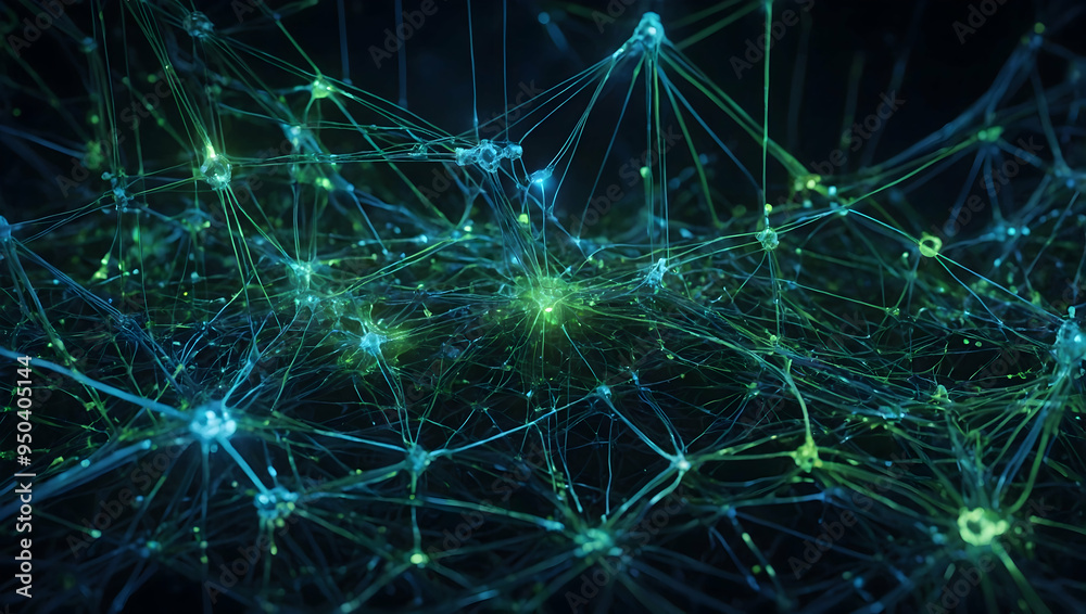 Poster neural network symphony: a mesmerizing dance of data, visualized as vibrant green and blue nodes int