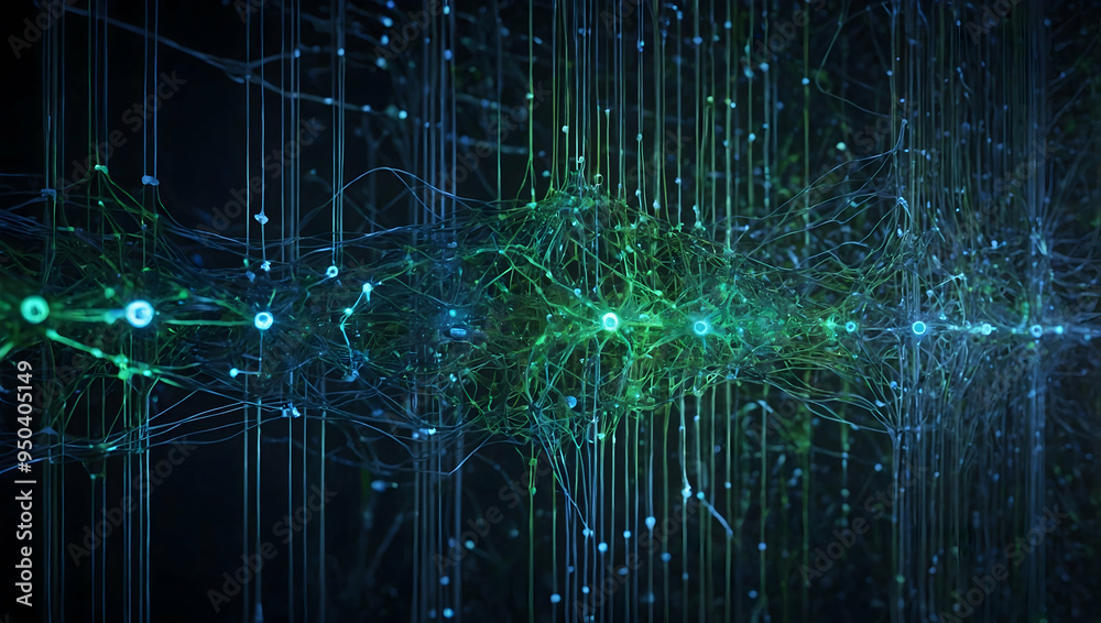 Poster neural network symphony: a mesmerizing dance of data, visualized as vibrant green and blue nodes int