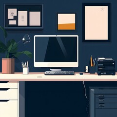 Minimalist Home Office Desk with Computer, Plant and Supplies