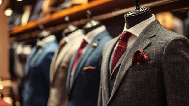 A collection of tailored suits hangs elegantly in a sophisticated store, emphasizing quality craftsmanship with rich textures and colors. The display highlights fashion trends.