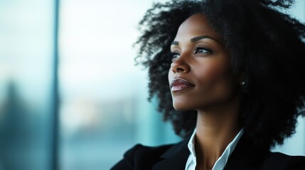A confident woman looking calmly ahead while standing in a modern office space. The image portrays confidence and determination, with a professional atmosphere.