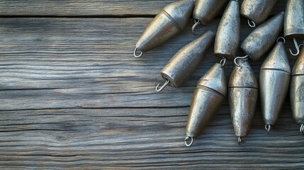 Fishing Sinkers on a Wooden Background