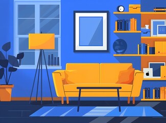 Modern Living Room Interior Design with Blue and Yellow Color Scheme