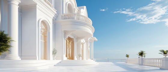 Fototapeta premium Detailed 3D visualization of a luxurious villa, featuring a sweeping driveway, ornate balconies, and a grand entrance,