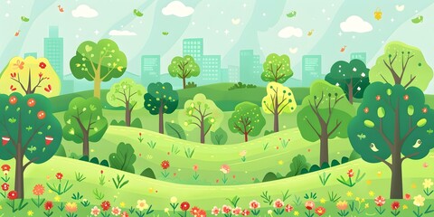 Springtime City Park Illustration with Green Trees and Flowers