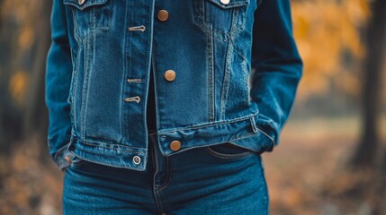 Close-up of a denim jacket worn by a person standing in an outdoor environment.