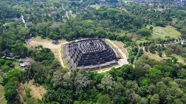 Yogyakarta, Indonesia: Aerial drone footage of the famous Borobudur ancient buddhism temple near 