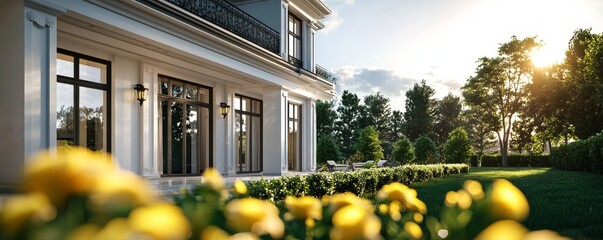 Striking 3D visualization of a luxury villa, where the front is fully detailed and realistic, while the back reveals a wireframe, leaving open space on the sides for additional content,