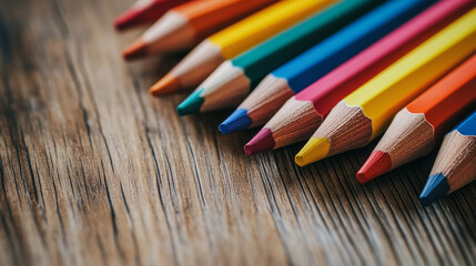 Fototapeta premium Close-up of colored pencils on a wooden background. 