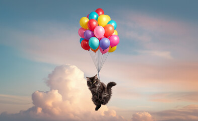 Fototapeta premium black cat kitten flying with balloons, floating in the sky, cute and funny surrealism image
