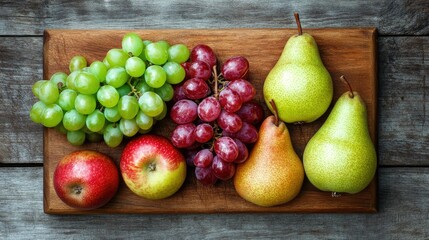 Fresh grapes, pears, and apples arranged on a wooden cutting board, top view