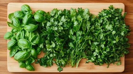 Fototapeta premium Fresh herbs like basil, parsley, and cilantro arranged on a wooden cutting board, top view