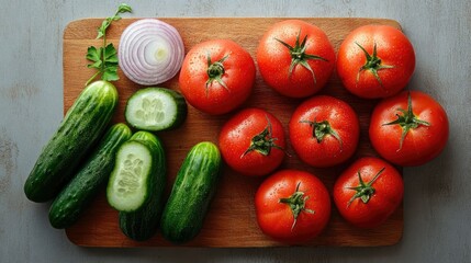 Fresh tomatoes, cucumbers, and onions arranged on a wooden cutting board, top view