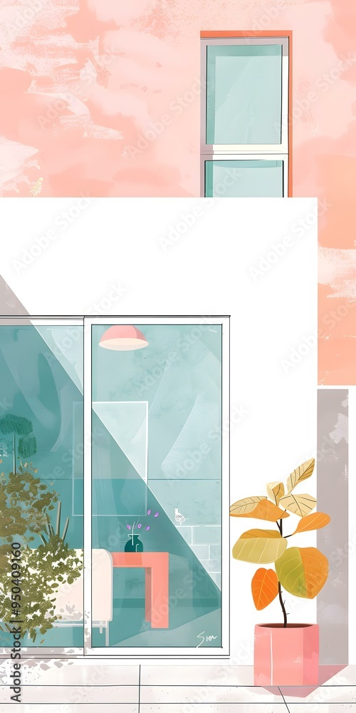 Poster Minimalist Illustration of a House with a Pink Wall