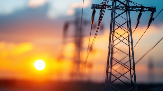 This image captures high-voltage power lines standing tall against a backdrop of a dramatic sunset sky, highlighting the contrast between industrial structures and natural beauty.