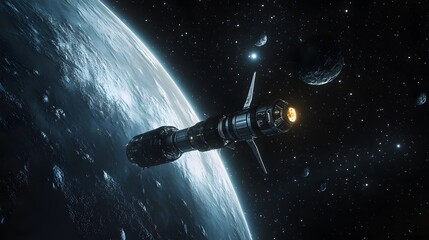 Distant planet with orbiting space station sleek spacecraft docking nearby cool tones metallic finishes highly detailed 3D rendering