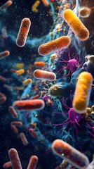 Fototapeta premium Microbial Life Forms: Microscopic view of microbial life forms interacting, with DNA-like structures visible in the background. 