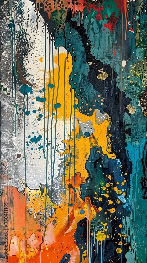 Poster abstract acrylic painting with dripping colors