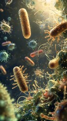 Microbial Life Forms: Microscopic view of microbial life forms interacting, with DNA-like structures visible in the background.
