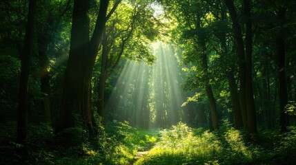 Obraz premium Lush green forest with sunlight filtering through the trees, showcasing the beauty of nature and environmental conservation