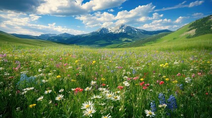 Fototapeta premium Lush green meadow filled with wildflowers in full bloom, stretching towards a distant mountain range