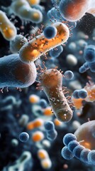 Microbial Life Forms: Microscopic view of microbial life forms interacting, with DNA-like structures visible in the background.

