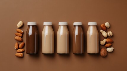 Bottles of Almond Milk with Almonds and Cashews