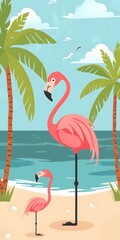 Pink Flamingoes On A Tropical Beach Illustration