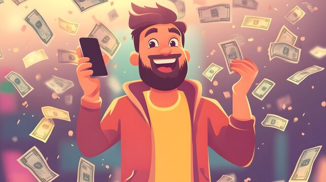 A happy man with a beard is holding his phone in one hand and pointing at it while smiling, surrounded by flying money bills