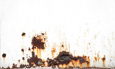 Rusty metal background with streaks of rust. Rust on white background. The metal surface rusted spots. Rusty corrosion. Horizontal.