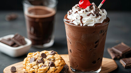 Indulgent dessert duo featuring a colossal chocolate milkshake crowned with whipped cream, chocolate syrup, and a cherry, paired with a warm, gooey chocolate chip cookie.