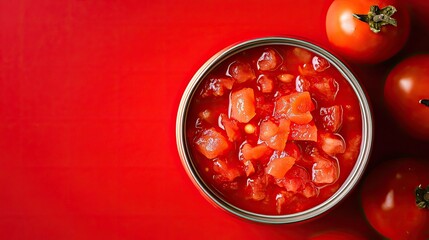 Open can of diced tomatoes in juice, vibrant red and evenly chopped