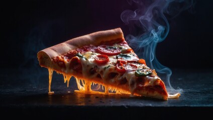 A slice of pizza is shown with smoke coming from it