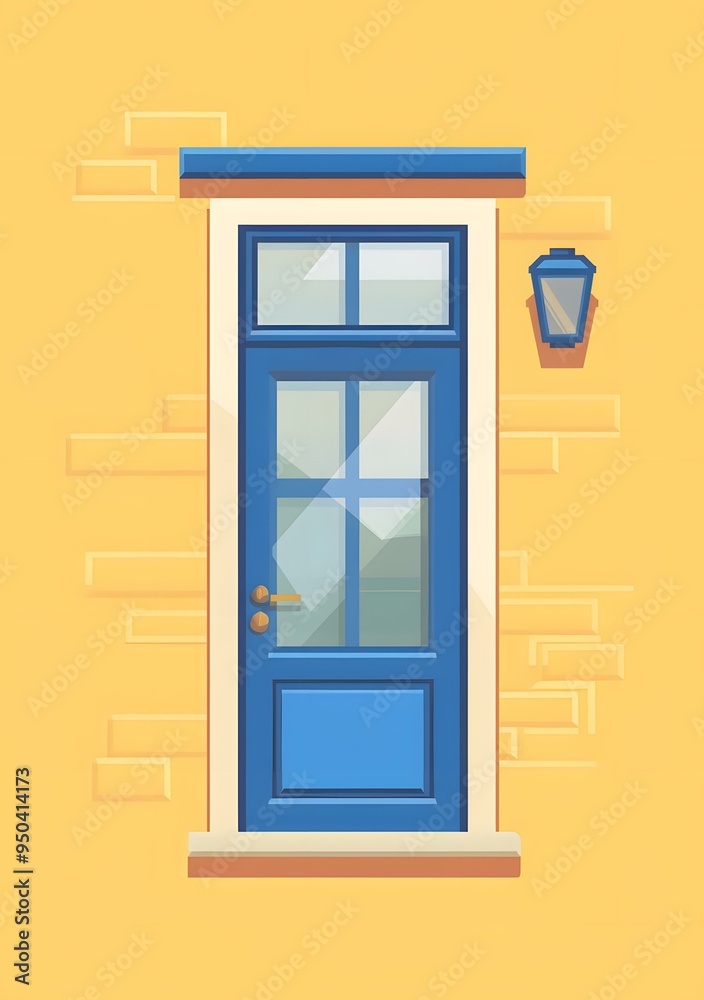 Sticker Blue Door With Glass Windows On Yellow Brick Wall