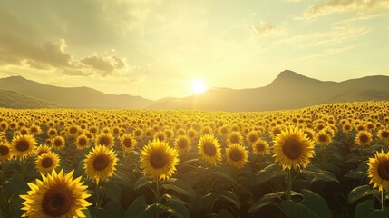Fototapeta premium Peaceful scene of a field of sunflowers under a bright summer sky, with mountains in the distance