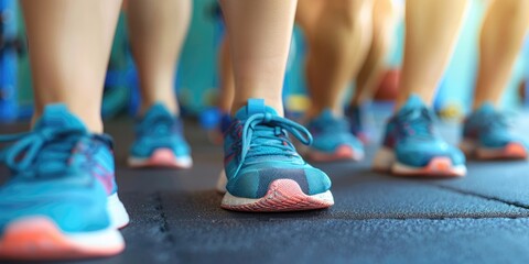 Naklejka premium Group of individuals performing deadlifts in a fitness class during a morning workout session