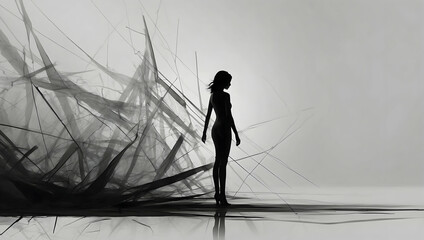 Fototapeta premium Silhouette of Strength: A lone woman stands tall amidst abstract shards, her resilience echoing in the stark monochrome landscape. 