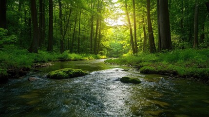 Obraz premium River flowing through a dense forest, symbolizing the importance of preserving natural waterways