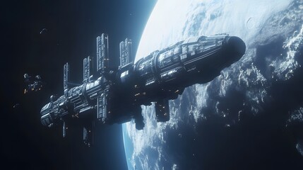 Futuristic space station orbiting distant planet sleek spacecraft nearby cool tones metallic finishes highly detailed 3D rendering