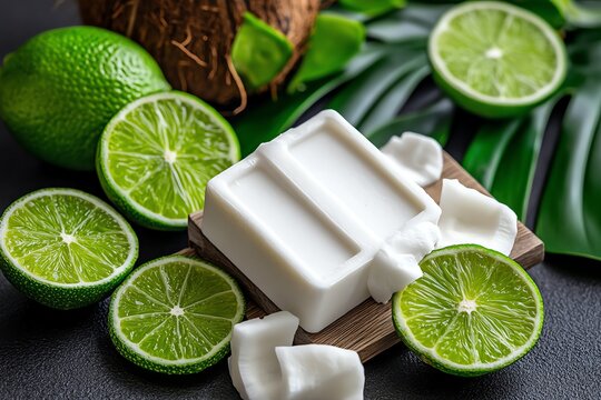 Natural soap bars with a coconut and lime scent, depicted in an artwork where the soap bars are paired with fresh coconut halves and lime slices, creating a tropical and refreshing vibe