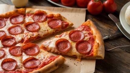A slice of pepperoni pizza is cut in half and placed on a wooden table