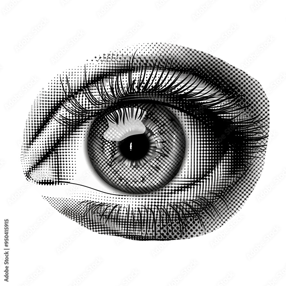 Poster detailed human eye with iris and pupil in halftone gradient made of dots, isolated on clear white ba