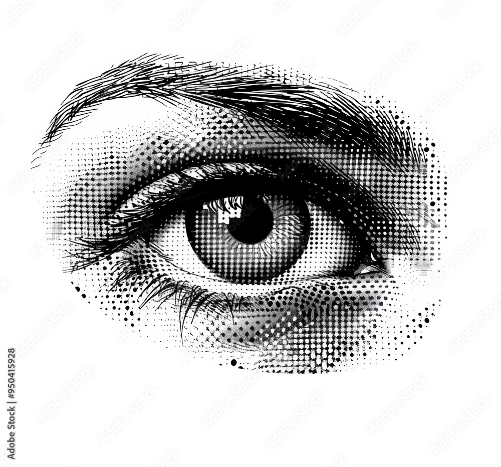 Poster detailed human eye with iris and pupil in halftone gradient made of dots, isolated on clear white ba