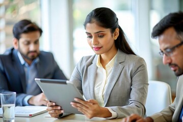 Obraz premium Indian Businesswoman Analyzing Data - An Indian woman analyzing data on a tablet during a business meeting. 