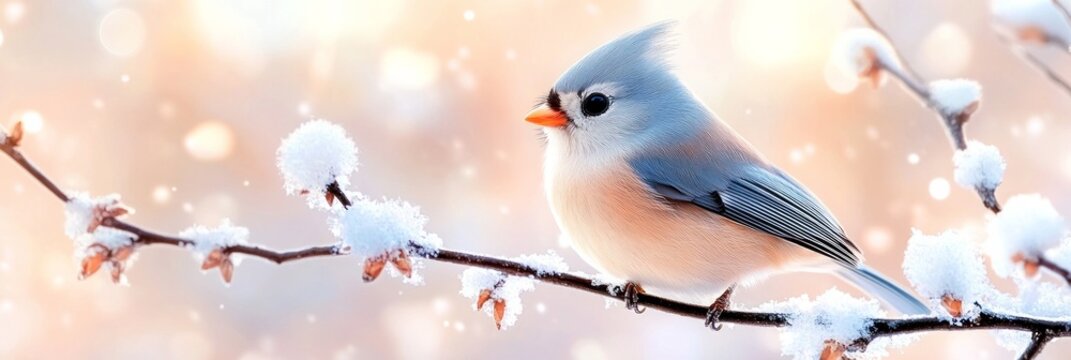 A small, colorful bird perched on a snow-covered branch against a soft, blurred winter background