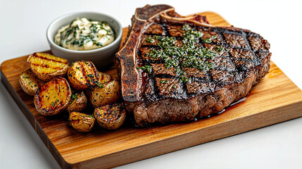 Charred T-bone Steak with Roasted Fingerling Potatoes and Grilled Vegetables, topped with Herb Butter for a Flavorful Dining Experience