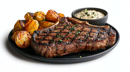 Savory T-bone steak, perfectly charred, paired with roasted fingerling potatoes, grilled vegetables, and a rich herb butter, creating a hearty and flavorful meal experience.